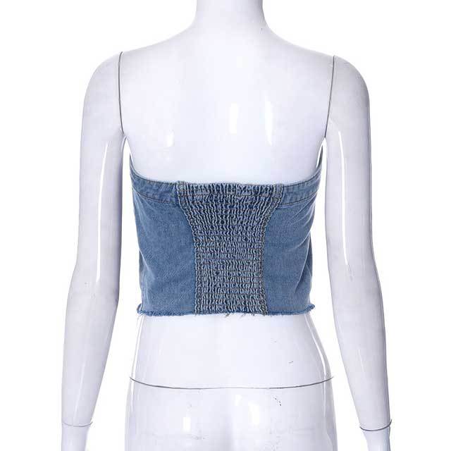 Button Denim Strapless Top