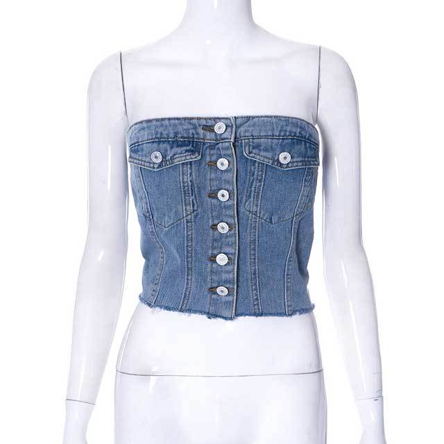 Button Denim Strapless Top
