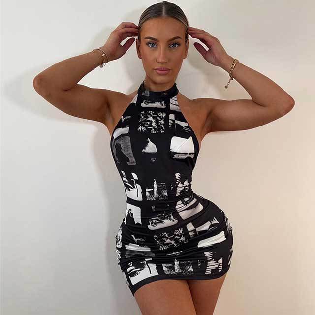 Backless Choker Graphic Bodycon Dress