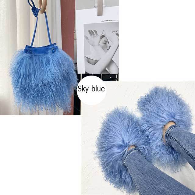 Furry Slides Shoes Bags Set