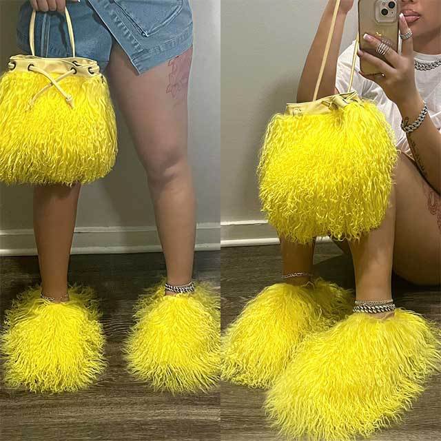 Furry Slides Shoes Bags Set