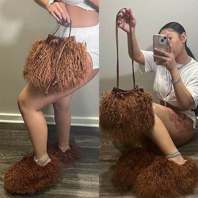 Furry Slides Shoes Bags Set