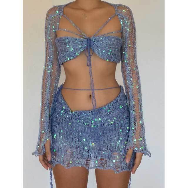 Sequin Knit Sweater Skirt Set