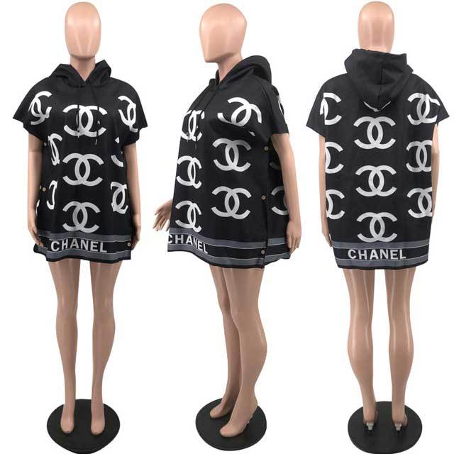 Button Printed Casual Hooded Dress
