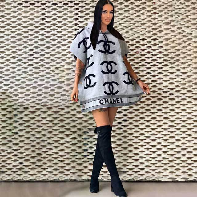 Button Printed Casual Hooded Dress