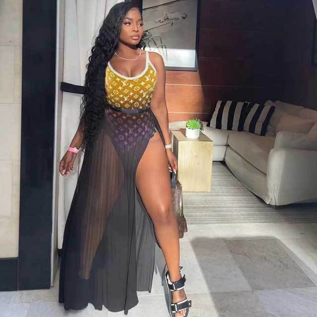 Printed One Piece With Slit Mesh Skirt