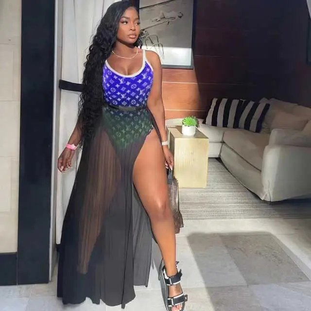 Printed One Piece With Slit Mesh Skirt