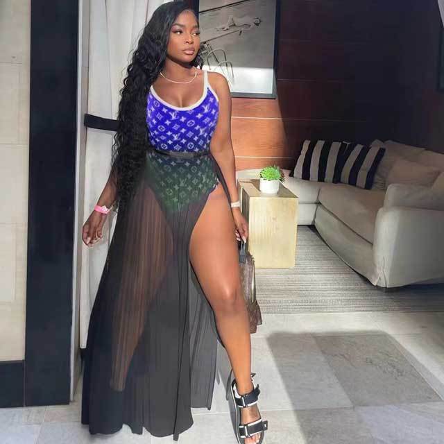 Printed One Piece With Slit Mesh Skirt