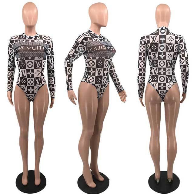 Mesh Printed Long Sleeve One Piece