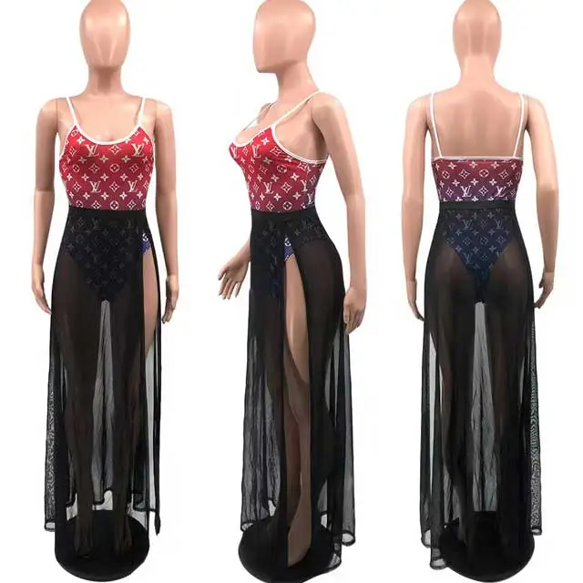 Printed One Piece With Slit Mesh Skirt