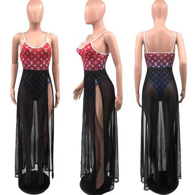 Printed One Piece With Slit Mesh Skirt