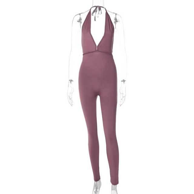 Backless Halter Ruched Sporty Jumpsuit