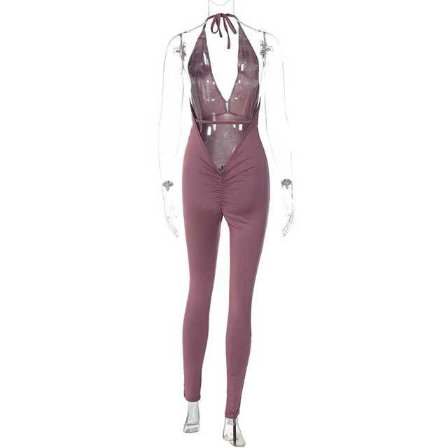 Backless Halter Ruched Sporty Jumpsuit