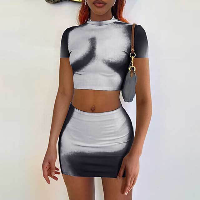 Printed Short Sleeve Mini Skirt Set