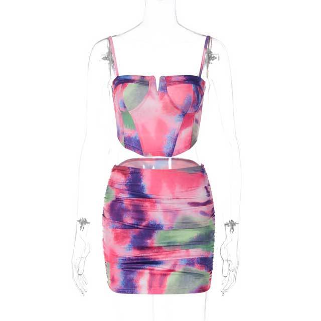 Printed Bustier Top Ruched Skirt Set
