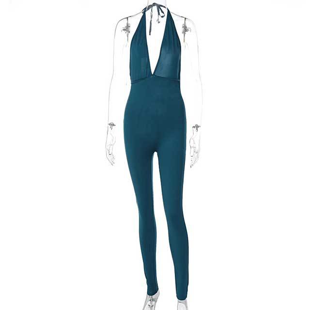Backless Halter Ruched Sporty Jumpsuit
