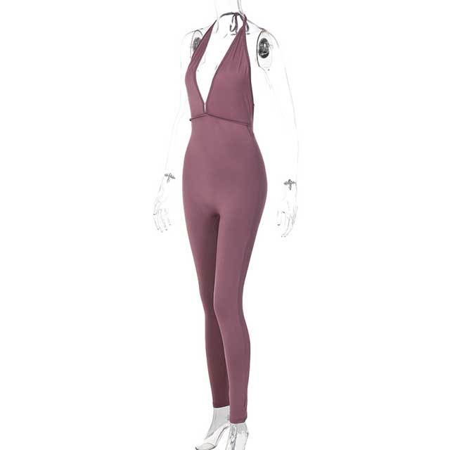 Backless Halter Ruched Sporty Jumpsuit