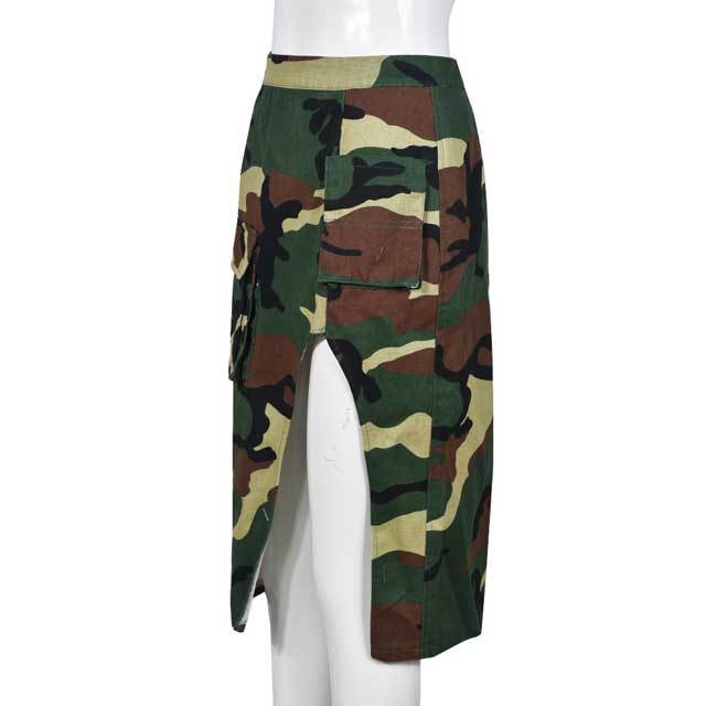 High Waist Camo Print Slit Skirt