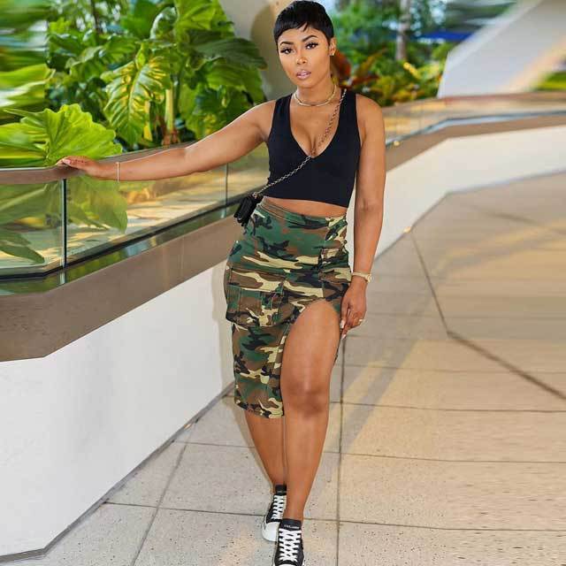 High Waist Camo Print Slit Skirt