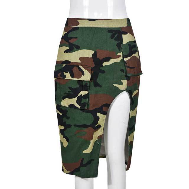 High Waist Camo Print Slit Skirt