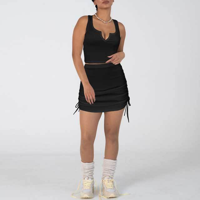 Ribbed Ruched Mini Skirt Set