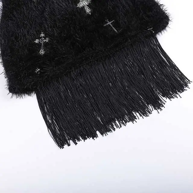 Cross Design Fuzzy Fringe Mini Skirt