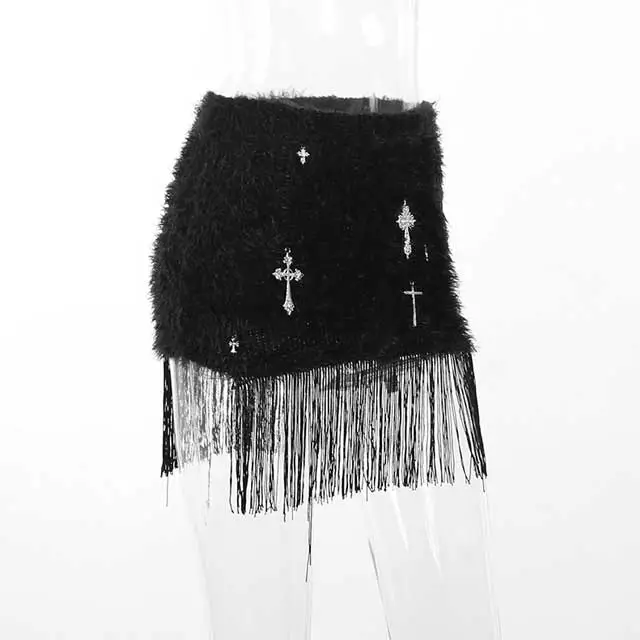 Cross Design Fuzzy Fringe Mini Skirt