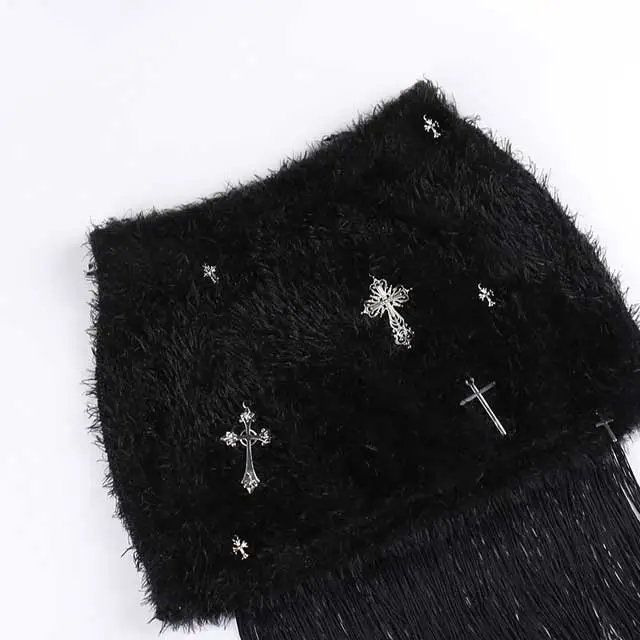 Cross Design Fuzzy Fringe Mini Skirt