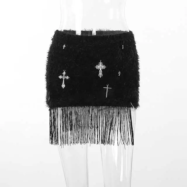 Cross Design Fuzzy Fringe Mini Skirt