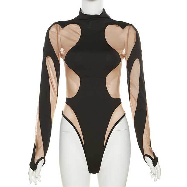 Mesh Spliced Long Sleeve Bodysuit