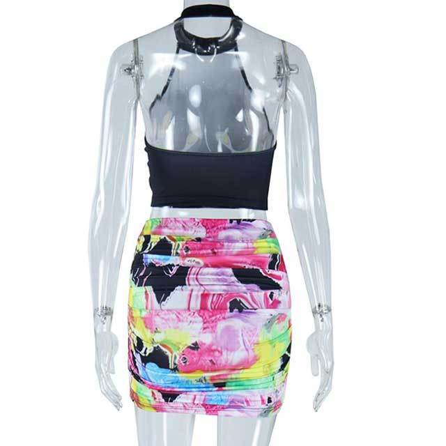 Printed Halter Tank Top Ruched Skirt Set