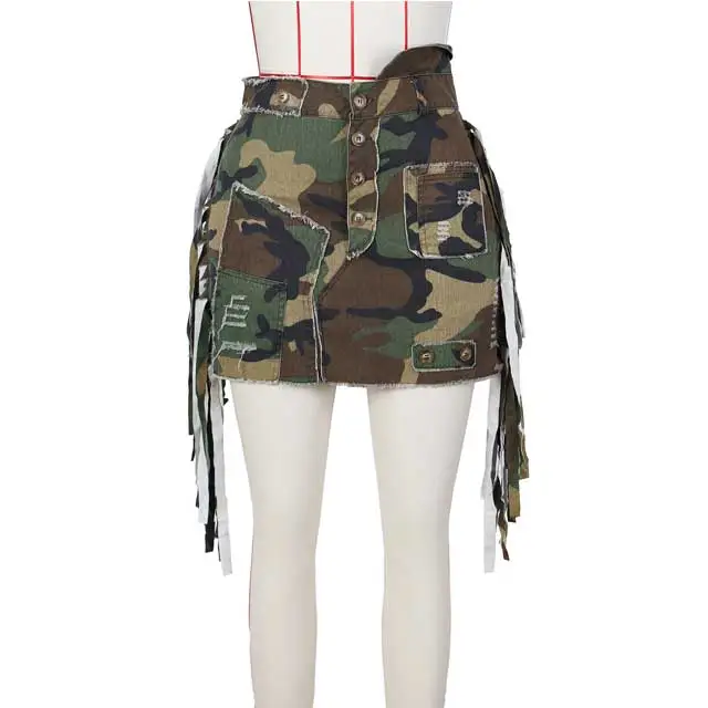 Camo Patchwork Fringe Skirt