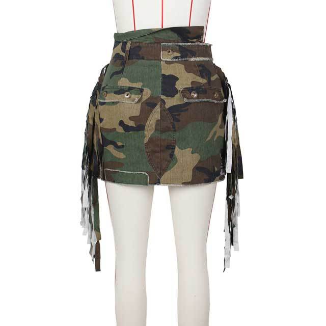 Camo Patchwork Fringe Skirt