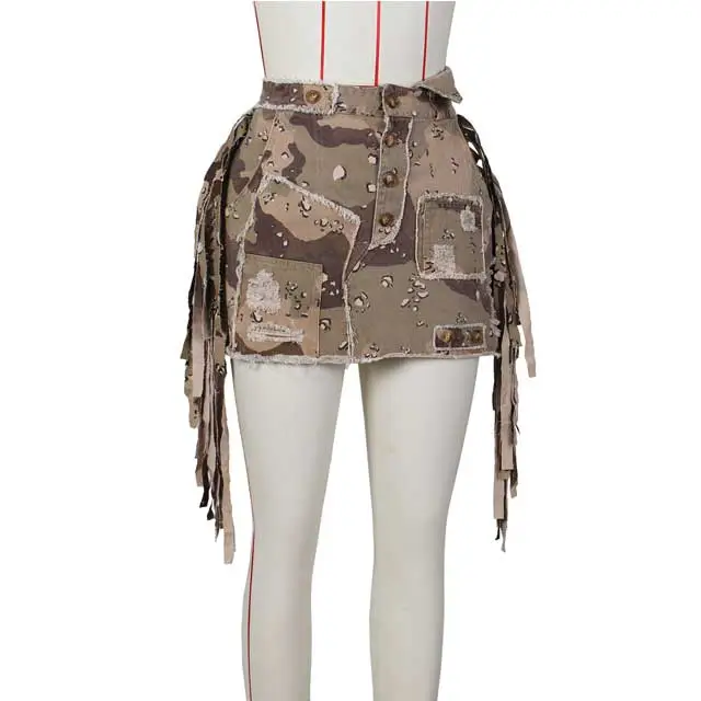 Camo Patchwork Fringe Skirt