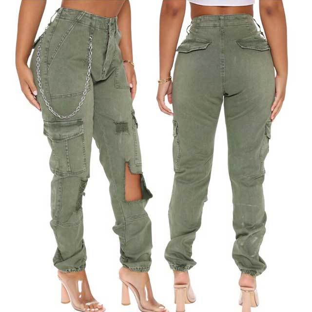 Broken Hole High Waist Cargo Pants