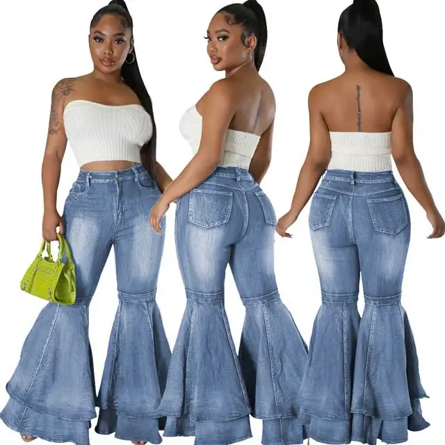 Wash Denim High Waist Bell Pants