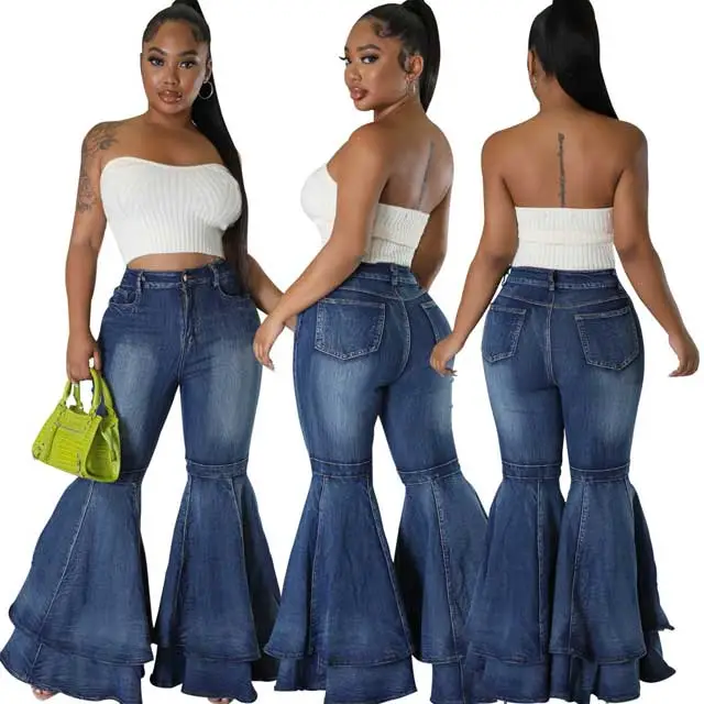 Wash Denim High Waist Bell Pants