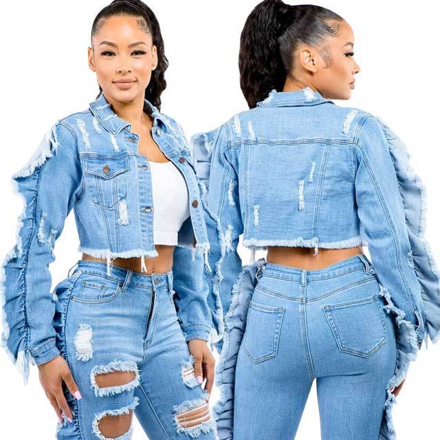 Ripped Ruffle Denim Crop Jacket