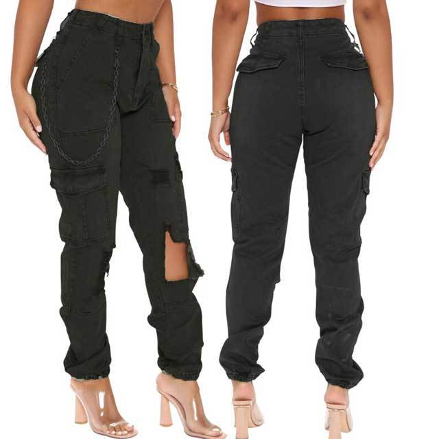 Broken Hole High Waist Cargo Pants