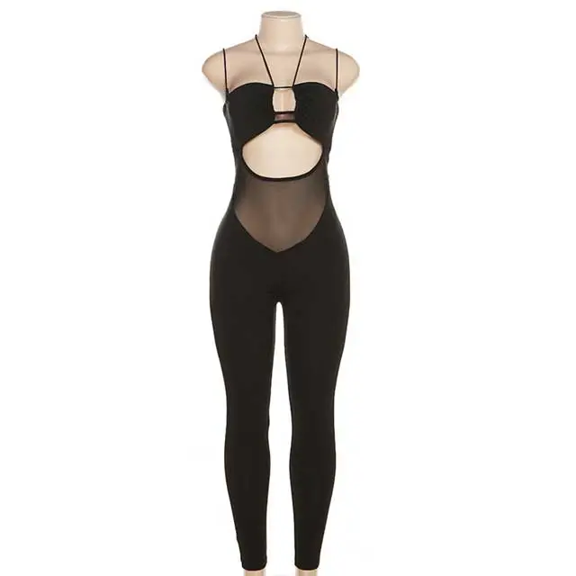 Mesh Spliced Hollow Out Jumpsuit