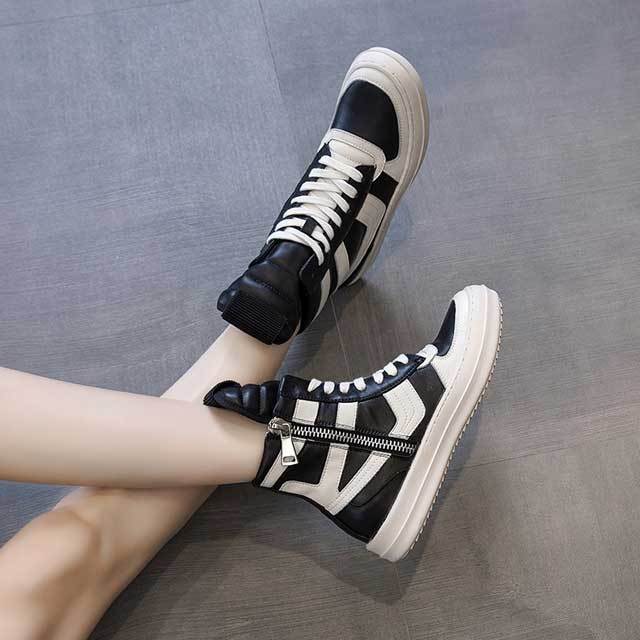 Side Zipper Lace-Up Leather Sneakers