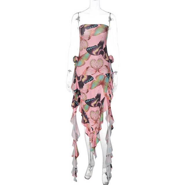 Butterfly Print Slit Ruffle Dress