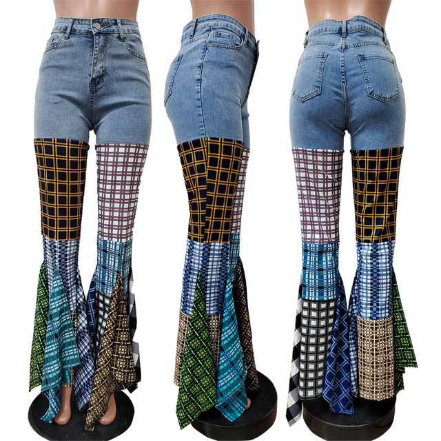 Denim Spliced Plaid Ruffle Pants
