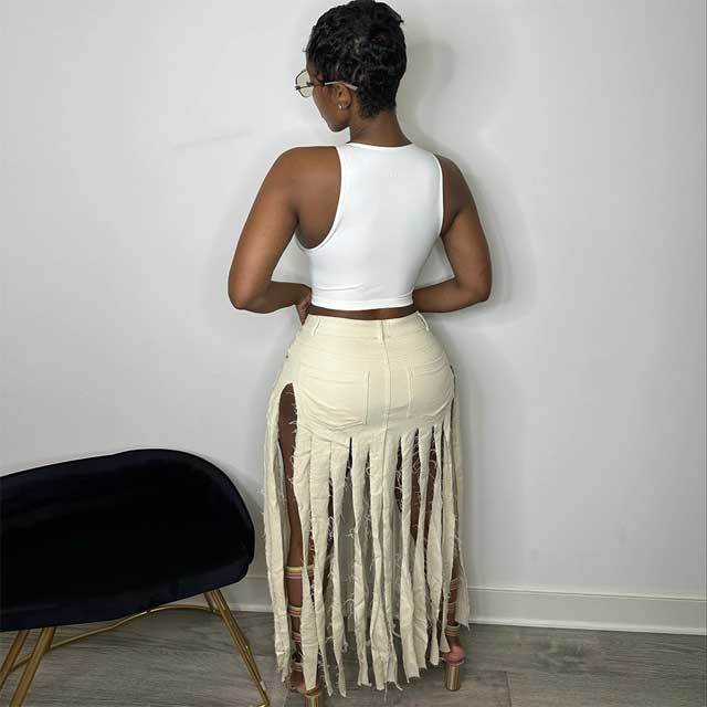 Chic Hollow Out Fringe Maxi Skirt