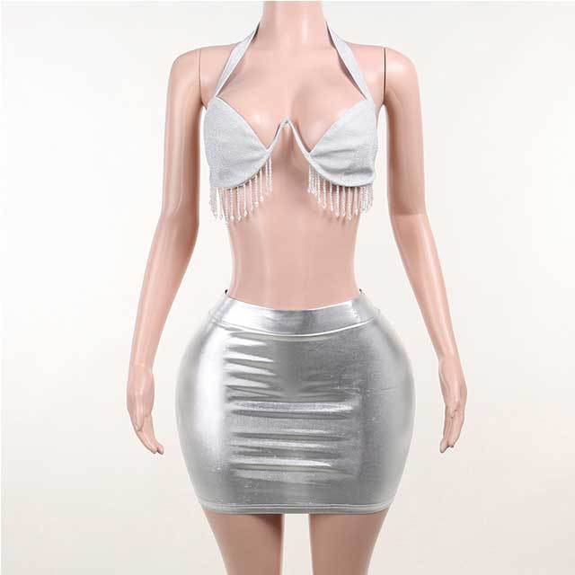 Glitter Fringe Bra Top Mini Skirt Set