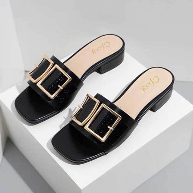 Classic Snakeskin Square Buckle Block Heel Slippers