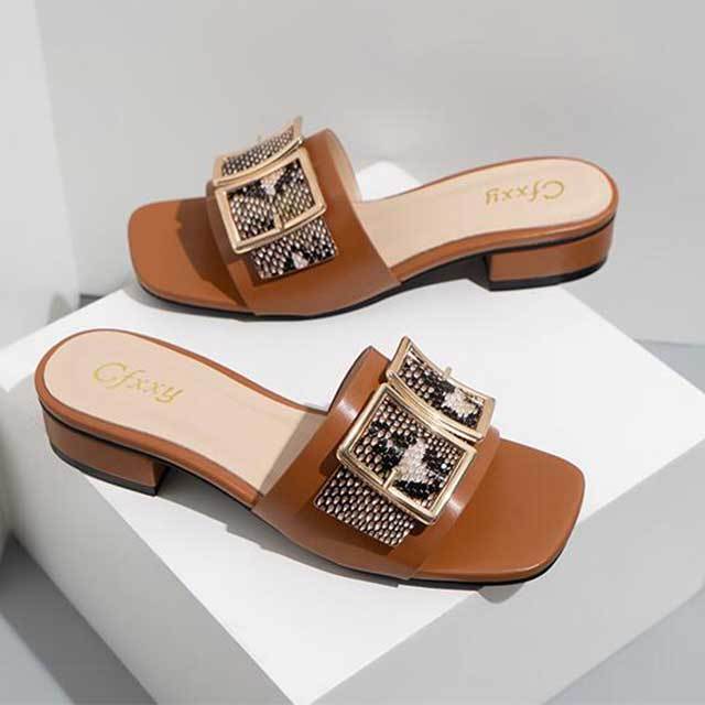 Classic Snakeskin Square Buckle Block Heel Slippers