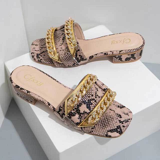 Snake Skin Printed Open Toe Thick Heels Slippers Sandals