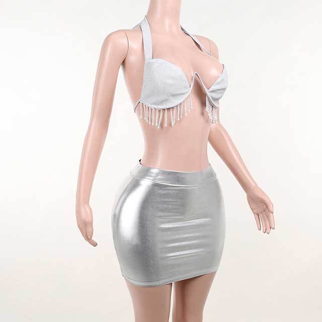 Glitter Fringe Bra Top Mini Skirt Set