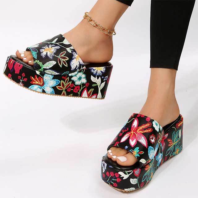Floral Printed Open Toe Wedge Heels Sandals
